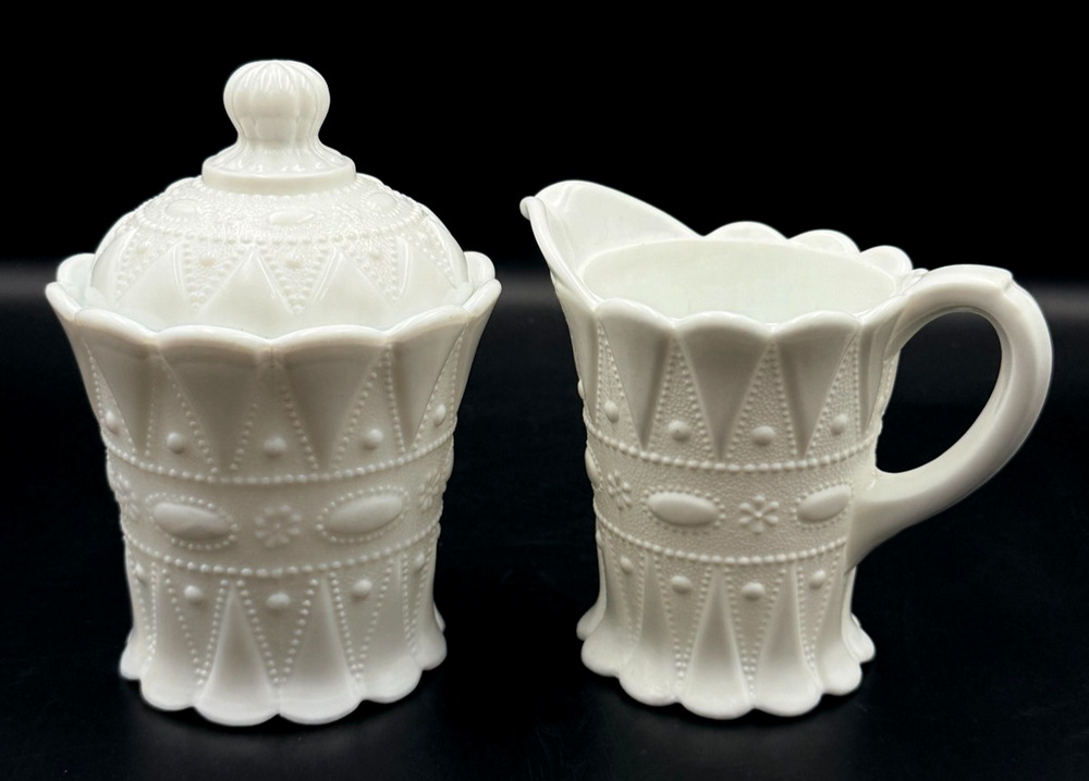 Vintage John E. Kemple Glass Works Lace and Dewdrop Milk Glass Creamer & Sugar